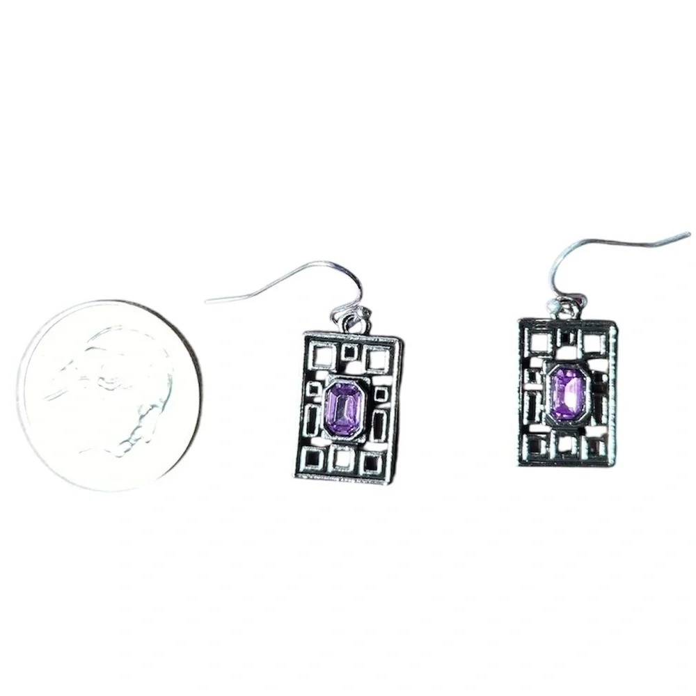 New Silver Amethyst Geometric Dangle Earrings